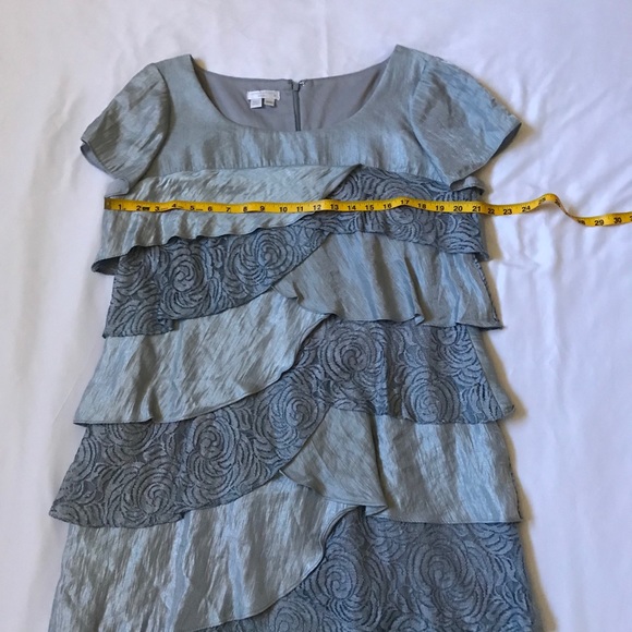 London Times Metallic Blue Lace Trim Ruffle Dress - Picture 4 of 15